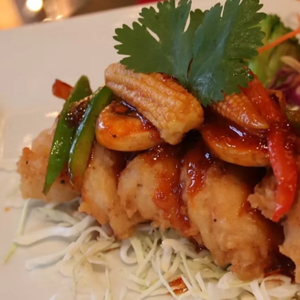 Crispy fried shrimp with sweet chili sauce, baby corn, bell peppers, and cilantro on shredded cabbage.